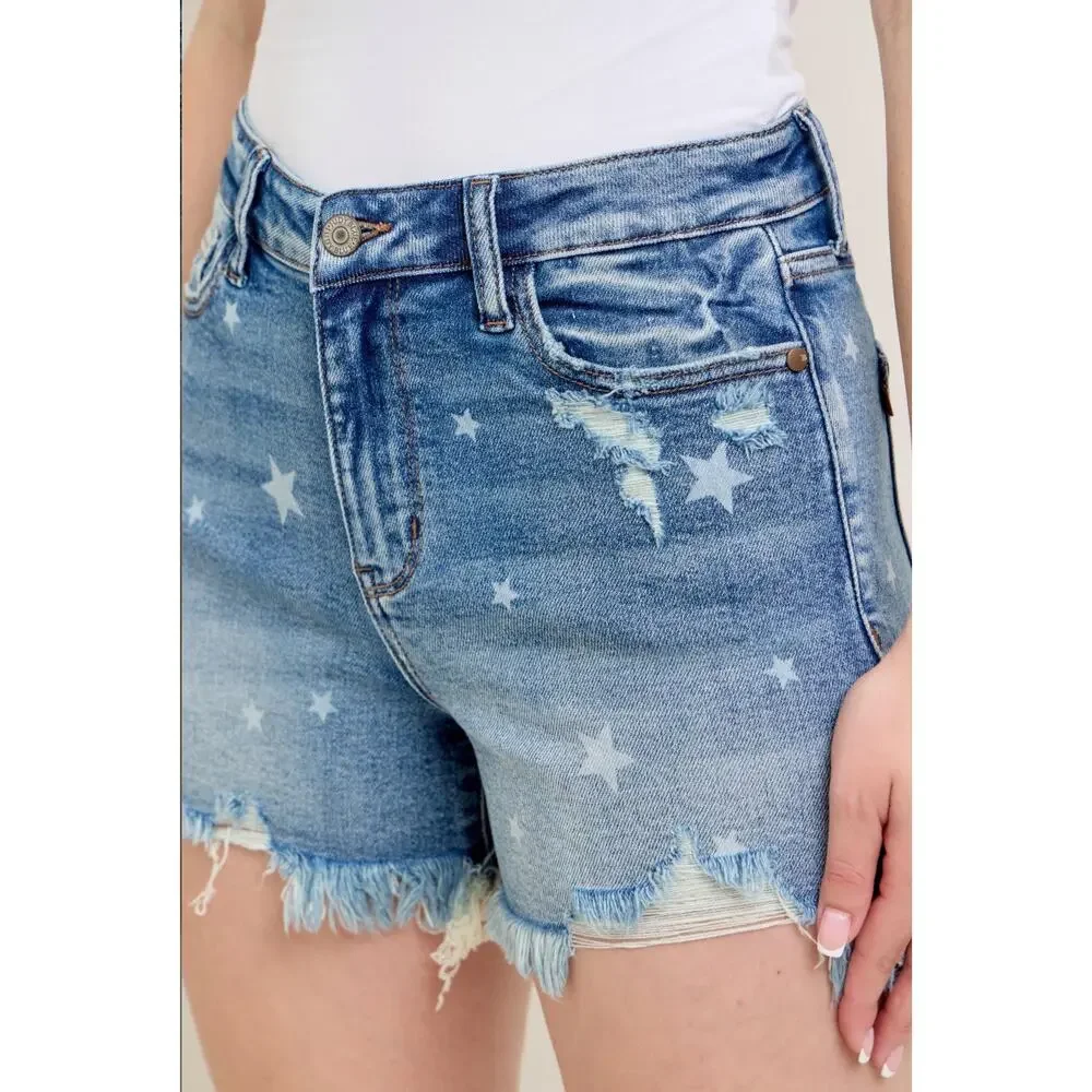 Judy Blue 150226REG (Americana) HW Star Print Cut Off Destroy Shorts Large